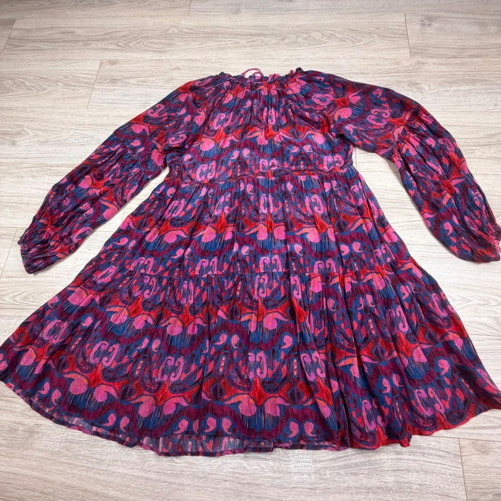 Oliphant Pink Blue Ikat Tiered Mini Dress Balloon Sleeve Tassel Tie Womens‎ M - Picture 7 of 9